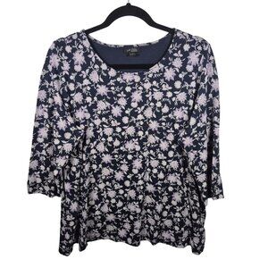 J Jill Wearever Top Womens L Blue Purple Tunic 3/4 Sleeve Leaf Blouse Summer